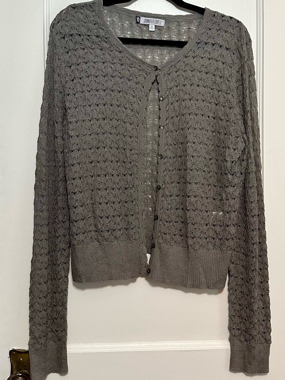 Jennifer Lopez Y2K Style Crochet Knit Button-Front Cardigan in Grey